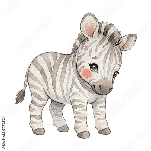 Cute Baby Zebra Standing Watercolor Clipart PNG, Adorable Safari Animal Illustration for Nursery Decor and Kids Room