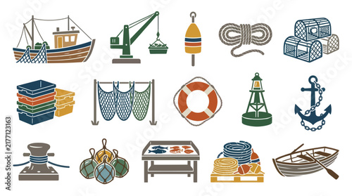 Nautical Fishing Equipment Icons Set - Flat Style Vector Art