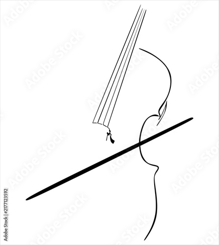 Abstract single line illustration of violin outline with bow. Simple black outline graphic for music festival, acoustic concert or music school logo.