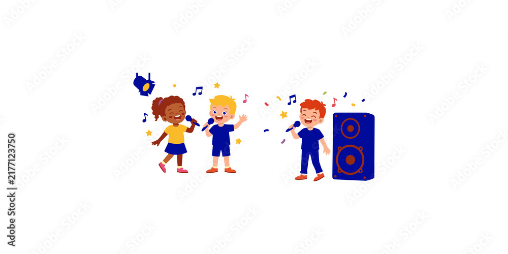 Fototapeta premium Diverse group of three children singing with microphones, surrounded by musical notes, spotlight, and speaker.