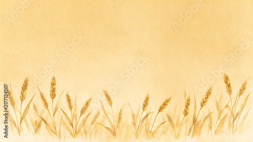 Wheat stalks forming thin decorative border along bottom edge. Autumn harvest illustration concept
