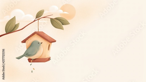 A small bird perched on a wooden birdhouse hanging from a tree branch at sunset with stylized illustration bird