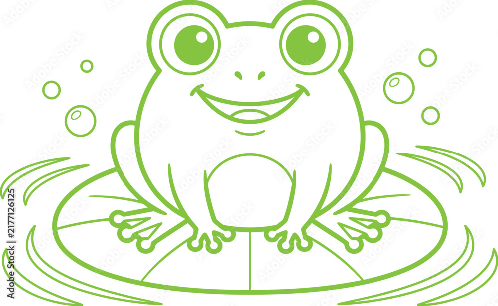 Obraz premium Cute Frog Cartoon Line Art Illustration with Lily Pads and Water Ripples
