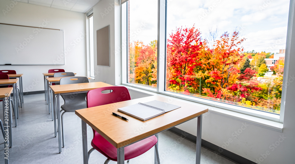 Obraz premium Empty school classroom interior showing wooden student desks facing large window revealing beautiful vibrant red and yellow autumn trees outside