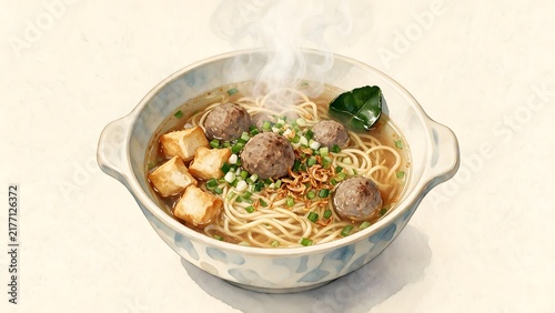 Bowl of Indonesian bakso meatballs displaying noodles and tofu. Culinary illustration concept