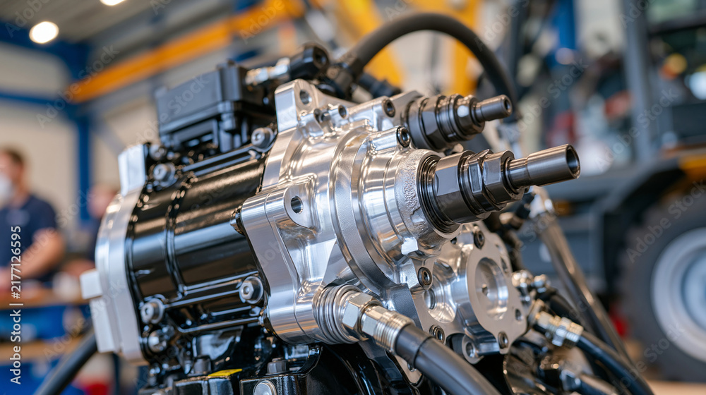 Fototapeta premium Close up of a variable displacement piston pump for hydraulic systems, precision machined aluminum housing catching bright reflected light, detailed metal surfaces, visible hydraulic ports and engin