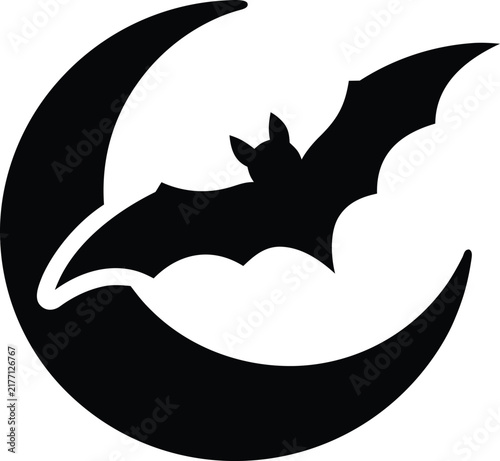 Black bat silhouette flying in front of a crescent moon Vector
