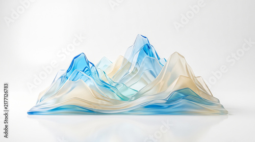 Beautiful abstract translucent blue beige glass mountain sculpture resting upon bright white reflective studio surface creating modern minimalist geometric landscape rendering space