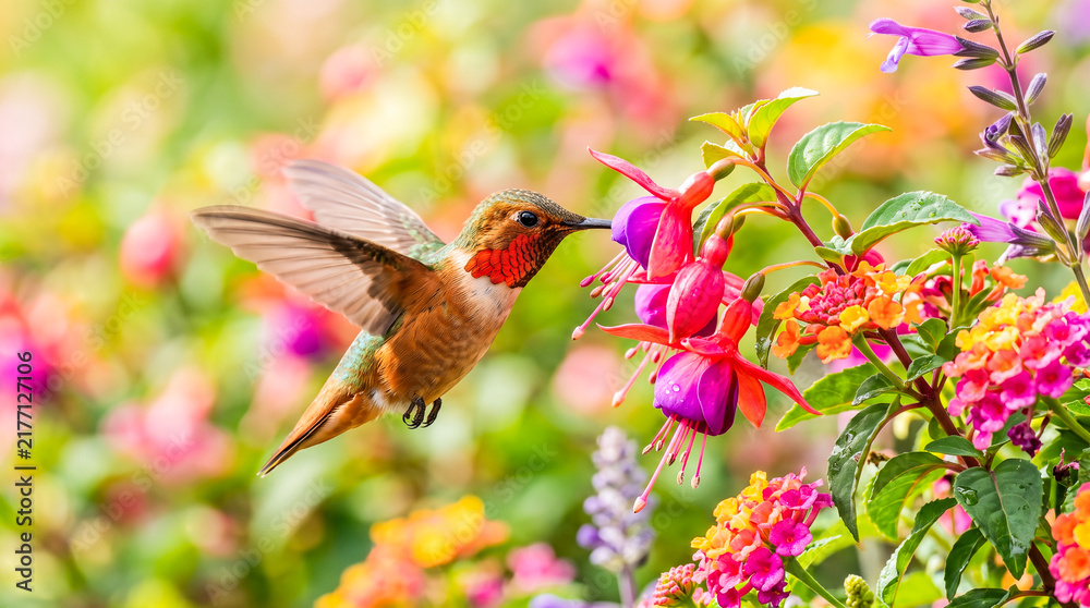 Obraz premium Tiny rufous hummingbird hovering midair drinking sweet nectar from bright pink fuchsia blossoms inside vibrant colorful summer blooming botanical garden setting