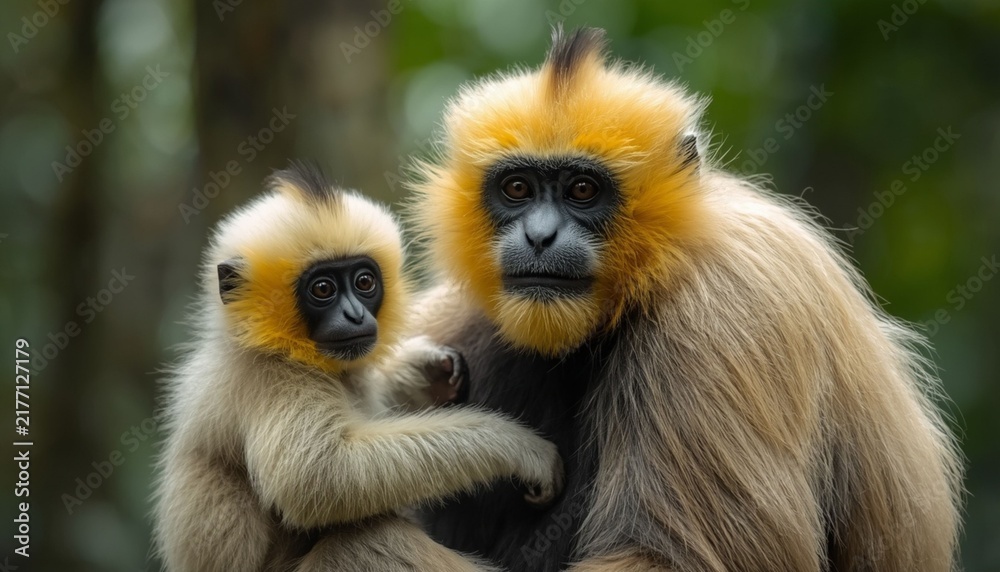 Fototapeta premium Close image of a Yellow Cheeked Gibbon monkey (Nomascus Gabriallae) mother with child in the forest