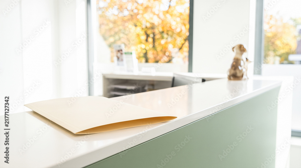 Obraz premium Reception counter surface holding blank manila folder inside bright modern office foyer space overlooking blurred autumn foliage outside waiting room window