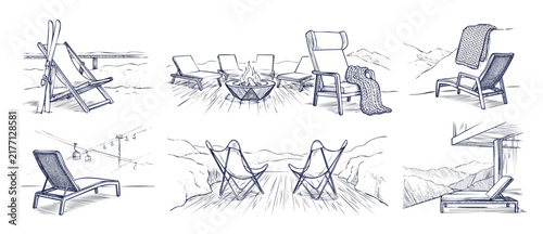 Ski resort lounge chair illustration set featuring winter outdoor deck chairs, cozy fire pit terrace, ski lift views, and mountain balcony vector sketches for apres-ski cozy lifestyle design.