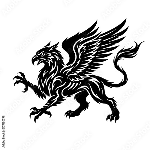Mythical griffin silhouette, mythological creature, heraldic symbol, black and white