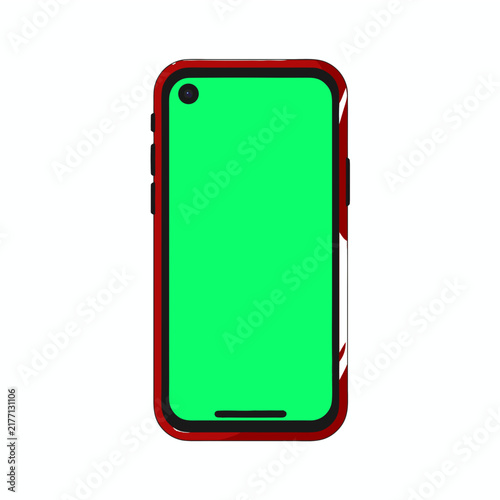 Red smartphone with green screen mockup for mobile app interface design and digital content.