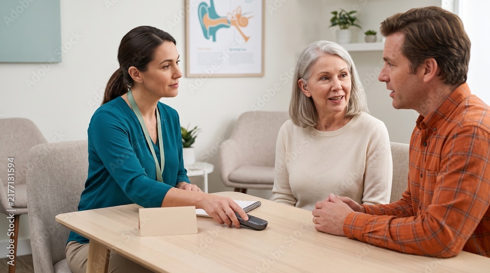 Fototapeta premium Remote microphone training in audiology clinic with older adult patient, family member, audiologist and blank instruction card