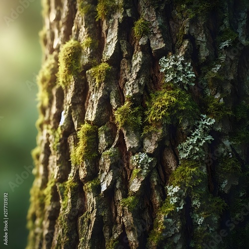 Close-up of a rough tree trunk covered with green moss and gray lichen in a forest.