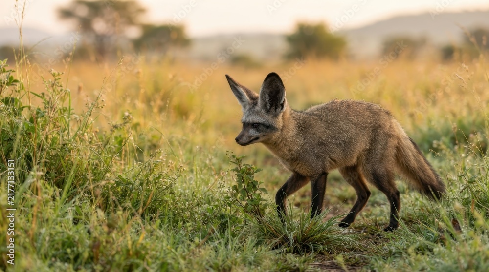 Obraz premium Bat-eared fox walks through tall grass at sunrise in the African savanna