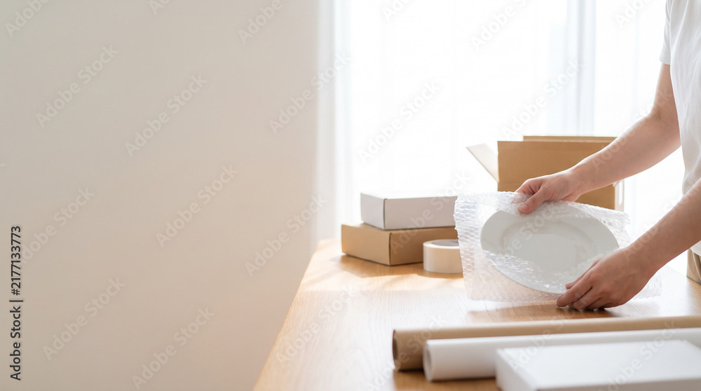 Fototapeta premium Hands wrapping a ceramic plate in bubble wrap at a tidy workspace 