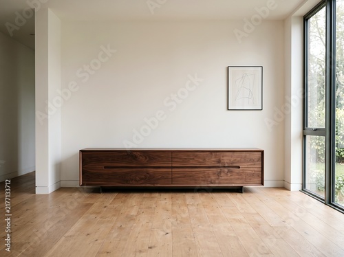 Dark wooden sideboard in a bright minimalist living interior