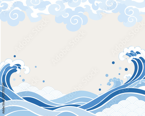 波しぶきと青海波と雲の和風フレーム背景
