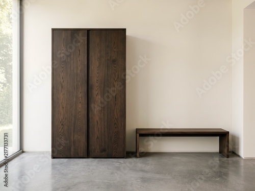 Dark wooden wardrobe and bench in a minimalist modern room