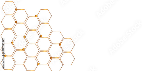 Abstract Hexagonal Molecular Network Background with Red Lines and Golden Dots.