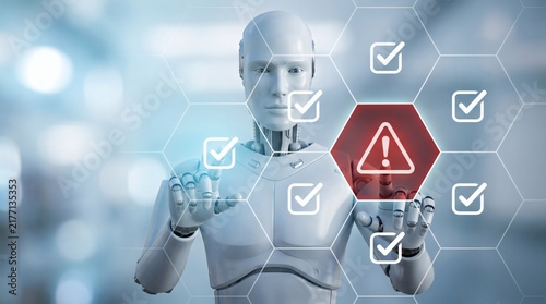 Artificial intelligence error and system failure, humanoid robot interacting with digital warning sign and security checkmarks in virtual interface.
