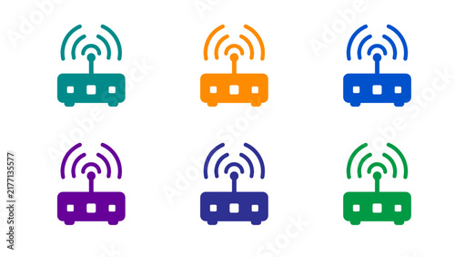 WiFi Router Icon Set with Wireless Signal in Six Colors