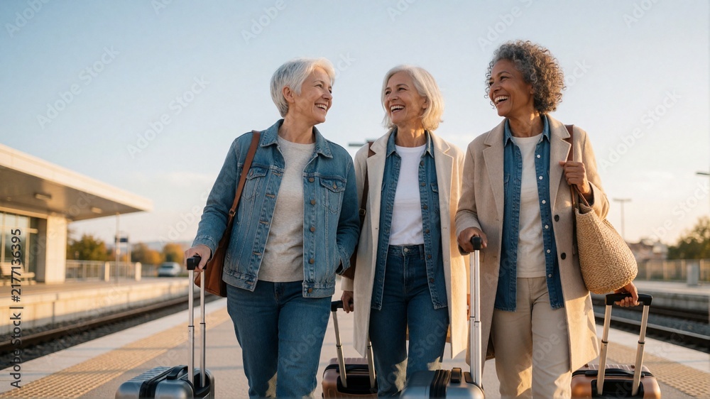 Obraz premium Three happy senior women traveling together on train platform