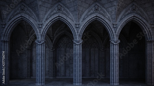 Abandoned night castle with a large gothic window or crypt