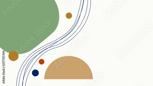 Abstract composition with organic shapes and flowing lines in muted earth tones and deep blue accents on a clean light background for modern design and presentation