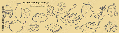 Cozy hand drawn cottagecore kitchen collection with teapot, cup, bread, pie, jam, honey, milk, basket and rustic baking accessories. Minimal line art elements for food packaging, menus, patterns, labe