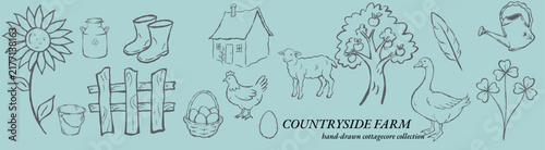 Charming hand drawn cottagecore farm collection with lamb, goose, hen, cottage house, apple tree, watering can, fence, eggs and countryside objects. Rustic line art elements for patterns, nursery desi