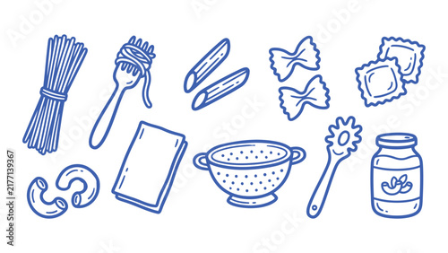 Pasta elements hand drawn doodle set featuring spaghetti noodles and kitchen tools
