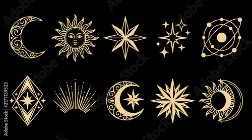Elegant gold celestial vector illustration set featuring ornate suns moons stars and planetary orbit linear designs