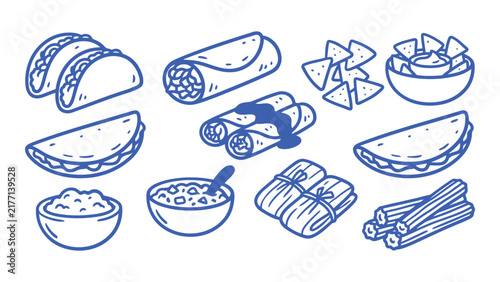 Mexican food hand drawn doodle set featuring tacos burritos and nachos illustrations