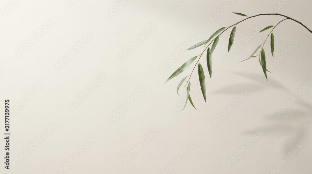 Obraz premium Minimalist green branch with leaves on neutral background with shadow