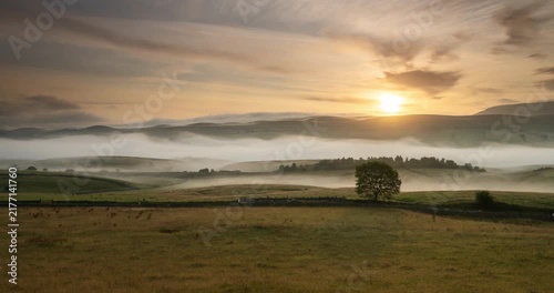 Timelapse of foggy valley in Ribblesdale at sunrise