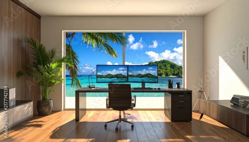 Modern home office with ocean view.