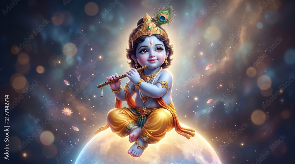 Naklejka premium Adorable baby krishna playing flute sitting on moon in cosmic background, with glowing bokeh, krishna janmashtami