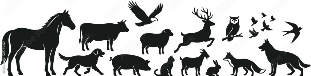 Fototapeta premium Set of wild and farm animal silhouettes including horse cow dog cat deer and birds isolated on a transparent background