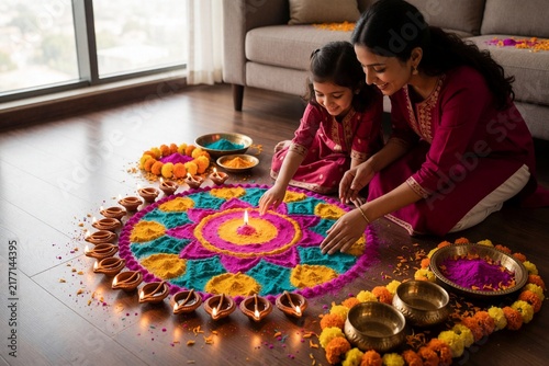 Mother and daughter making a colorful rangoli for Diwali