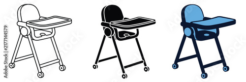 Baby Highchair Icon Set In Black, White And Blue Colors, Infant Feeding Chair Collection With Tray And Wheels, Isolated On White Background