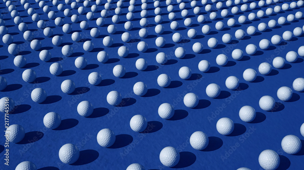 Naklejka premium Multiple white golf balls arranged in a pattern on a bright blue surface