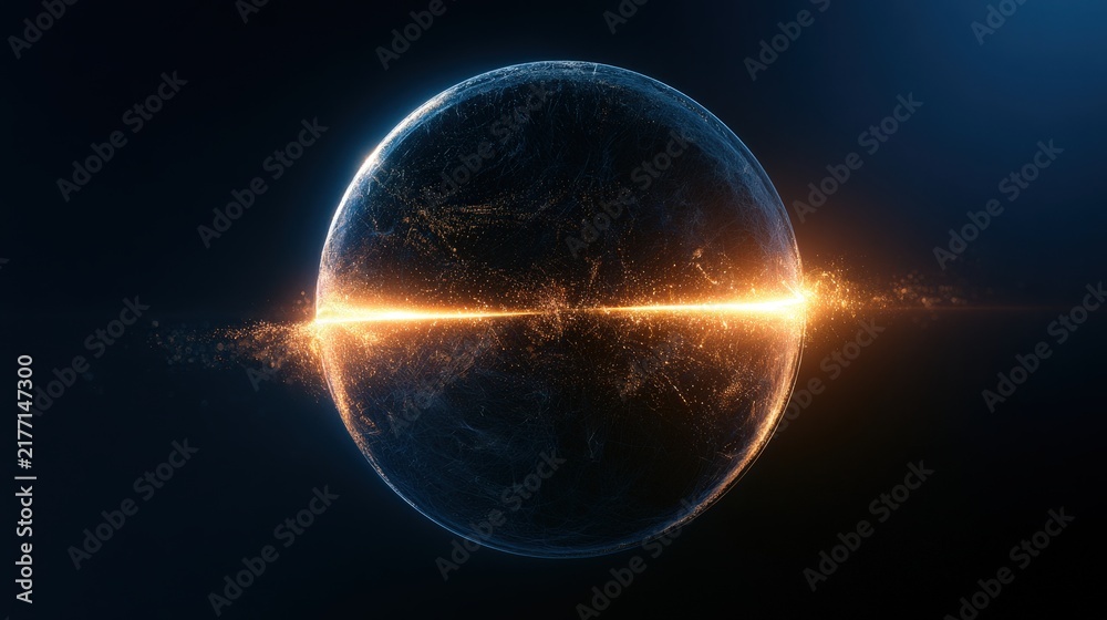 Fototapeta premium A glowing golden energy beam pierces through a dark blue sphere in deep space. Perfect background for technology and science fiction concepts.