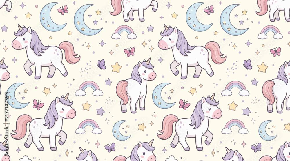 Obraz premium Whimsical unicorns walking in colorful dreamy nursery pattern