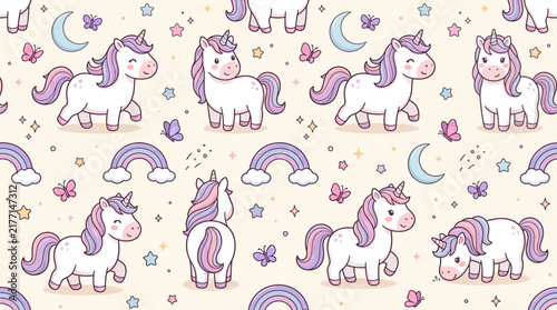 Whimsical unicorns with pastel manes in dreamy fantasy pattern