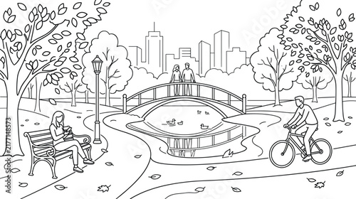 Foto Autumn city park coloring page with a wooden bridge over pond and people