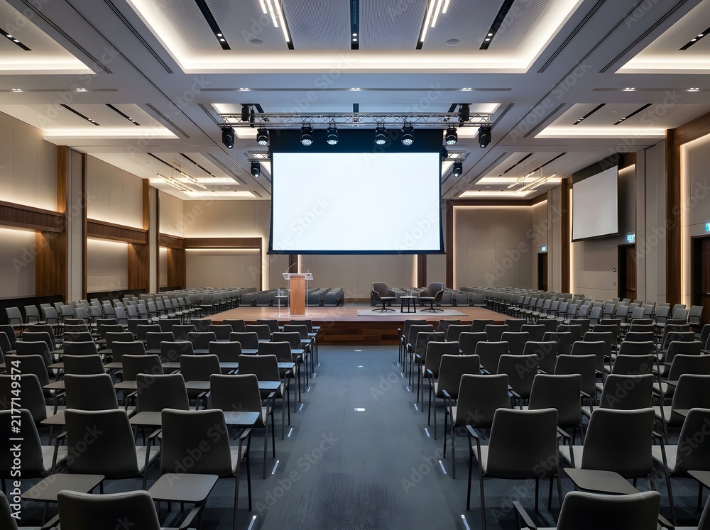 Fototapeta premium Empty conference hall with rows of chairs and a large projection screen for presentations