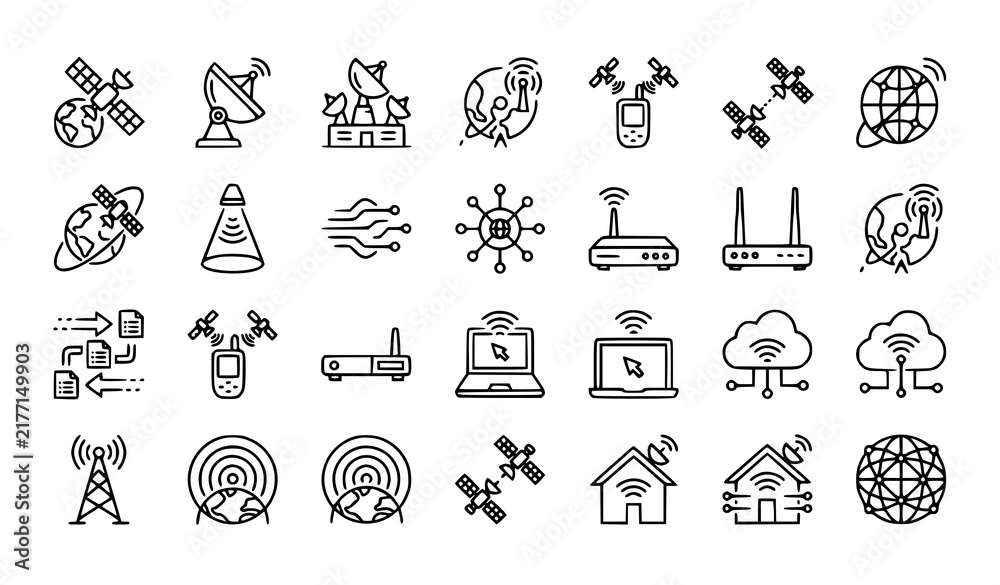 Fototapeta premium Set of hand drawn communication and technology icons featuring satellites internet routers and global network symbols